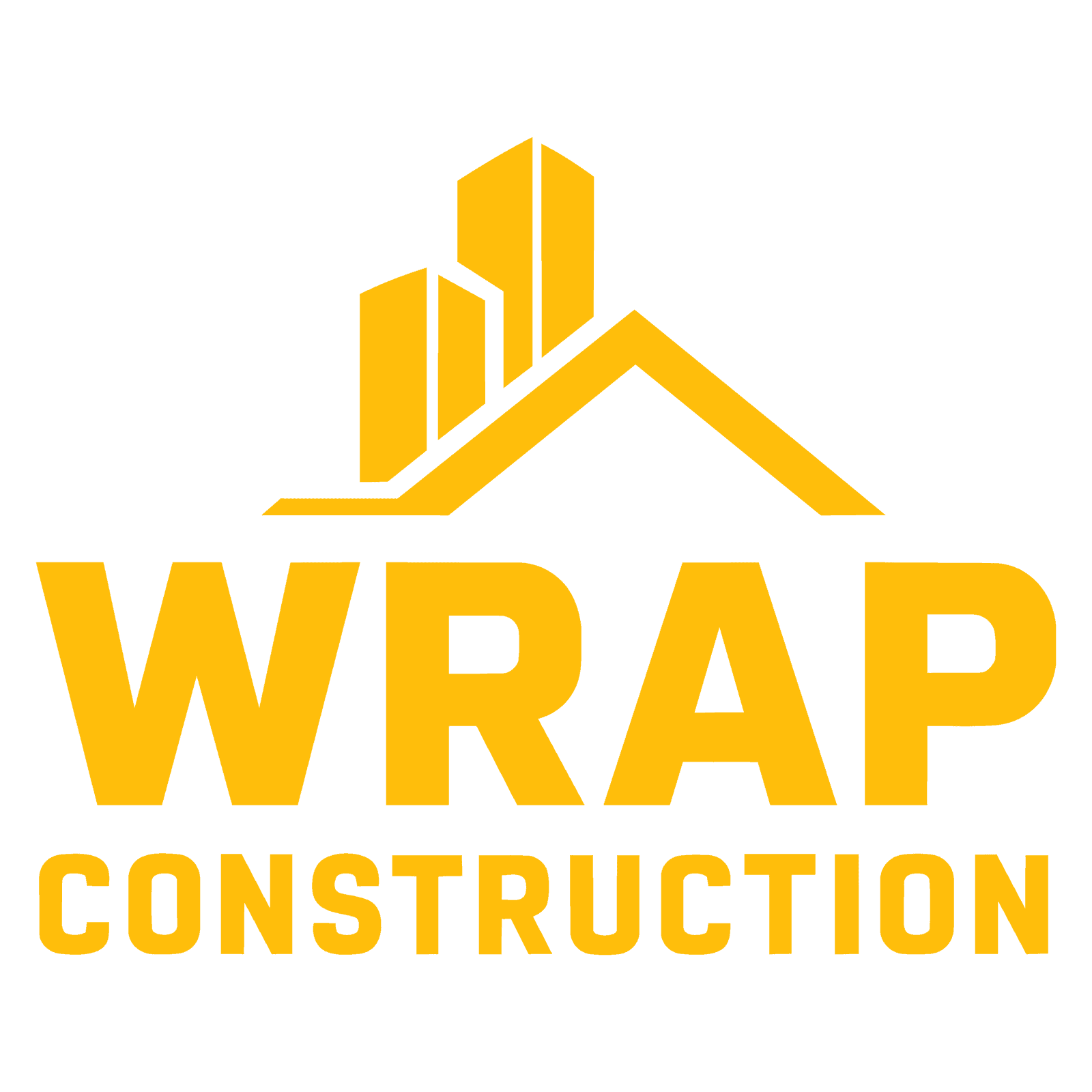 Exclusive commercial building wrap construction logo featuring bold yellow graphics and text.